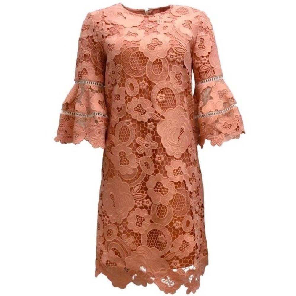 Lela Rose Pink Floral Lace Bell Sleeve Silk Trim Cocktail Dress 4